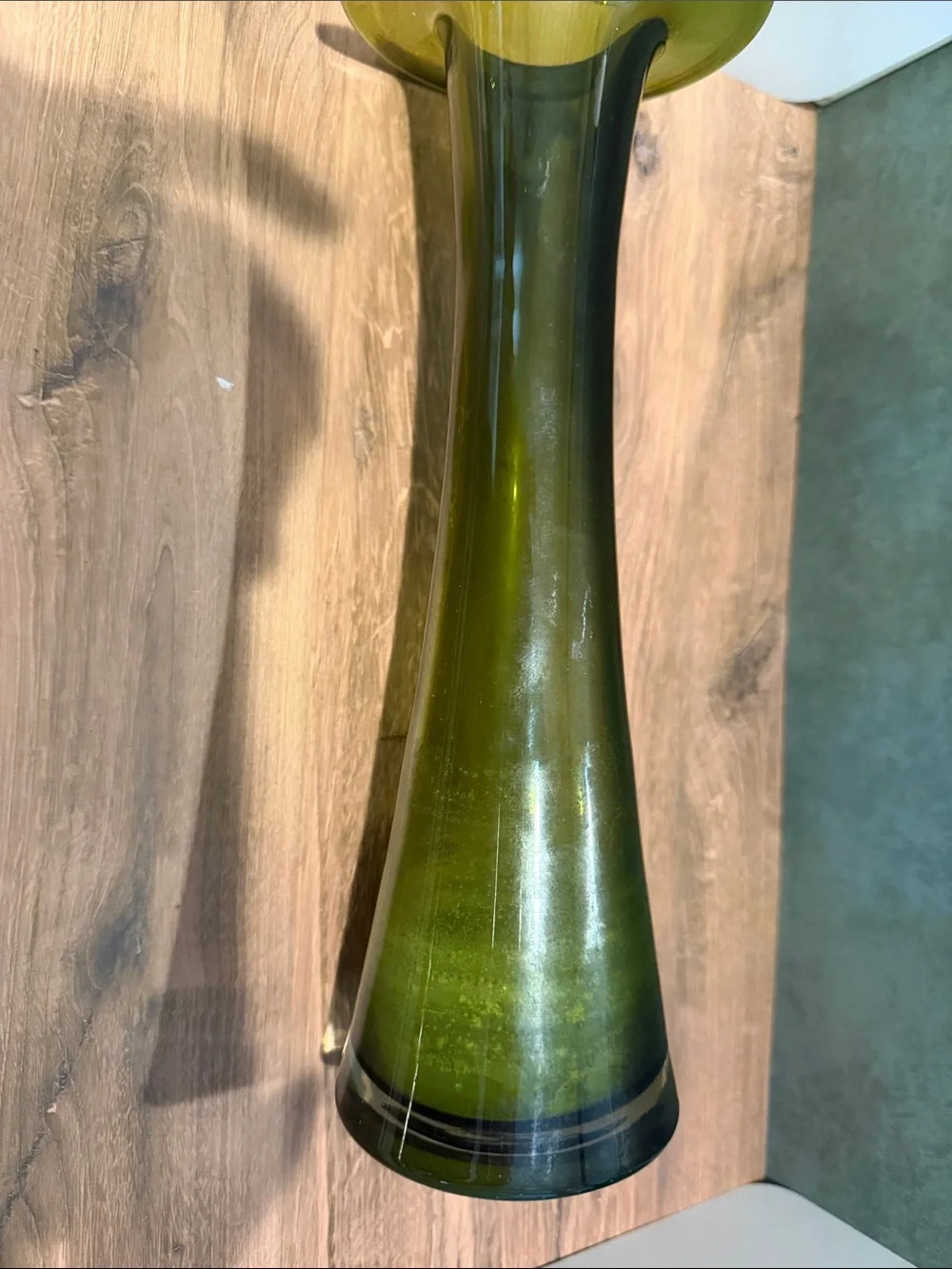 Green Glass Flared Vase - Tall Decorative Accent